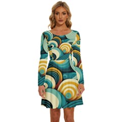 Waves Ocean Sea Abstract Whimsical Abstract Art 6 Long Sleeve Wide Neck Velvet Dress by Wegoenart