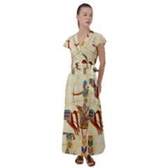 Egyptian Tutunkhamun Pharaoh Design Flutter Sleeve Maxi Dress by Celenk
