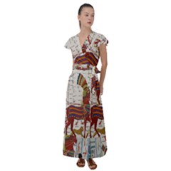 Egyptian Tutunkhamun Pharaoh Design Flutter Sleeve Maxi Dress by Celenk