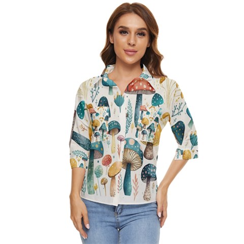 Mushroom Forest Fantasy Flower Nature Women s Quarter Sleeve Pocket Shirt by Uceng