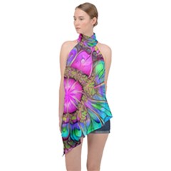 Abstract Art Psychedelic Experimental Halter Asymmetric Satin Top by Uceng
