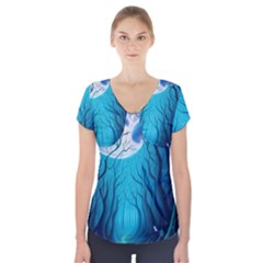 Blue Forrest Jungle,tree Trees Nature Landscape Short Sleeve Front Detail Top by Uceng