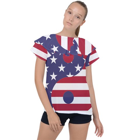 Yang Yin America Flag Abstract Art Asian Balance Ruffle Collar Chiffon Blouse by Wegoenart