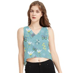 Butterflies Flowers Blue Background Spring Pattern V-neck Cropped Tank Top by Ravend