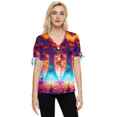 Sci-fi Fantasy Art Painting Colorful Pattern Bow Sleeve Button Up Top by Ravend