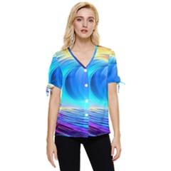 Art Fantasy Painting Colorful Pattern Design Bow Sleeve Button Up Top by Ravend