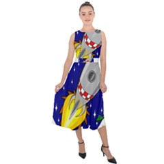 Rocket Ship Launch Vehicle Moon Midi Tie-back Chiffon Dress by Salman4z