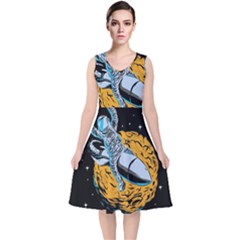 Astronaut Planet Space Science V-neck Midi Sleeveless Dress  by Salman4z