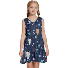 Cute Astronaut Cat With Star Galaxy Elements Seamless Pattern Kids  Sleeveless Tiered Mini Dress by Salman4z