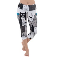 Cute Cat Hand Drawn Cartoon Style Lightweight Velour Capri Yoga Leggings by Salman4z