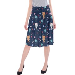 Cute-astronaut-cat-with-star-galaxy-elements-seamless-pattern Midi Beach Skirt by Salman4z