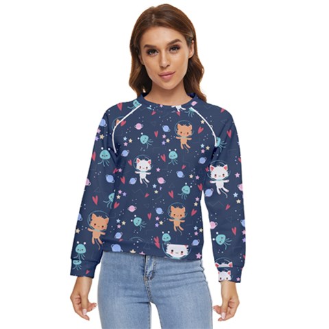 Cute-astronaut-cat-with-star-galaxy-elements-seamless-pattern Women s Long Sleeve Raglan Tee by Salman4z
