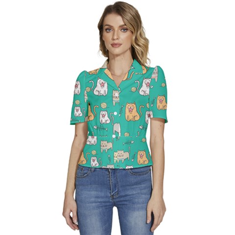 Seamless-pattern-cute-cat-cartoon-with-hand-drawn-style Puffed Short Sleeve Button Up Jacket by Salman4z