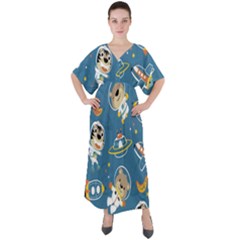 Seamless-pattern-funny-astronaut-outer-space-transportation V-neck Boho Style Maxi Dress by Salman4z