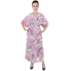 Beautiful-cute-animals-pattern-pink V-neck Boho Style Maxi Dress by Salman4z