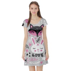 Big-set-with-cute-cartoon-animals-bear-panda-bunny-penguin-cat-fox Short Sleeve Skater Dress by Salman4z