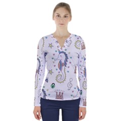 Seamless-pattern-cute-unicorn-cartoon-hand-drawn V-neck Long Sleeve Top by Salman4z
