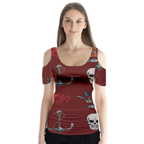 Tattoo-old-school-background-pattern Butterfly Sleeve Cutout Tee  by Salman4z