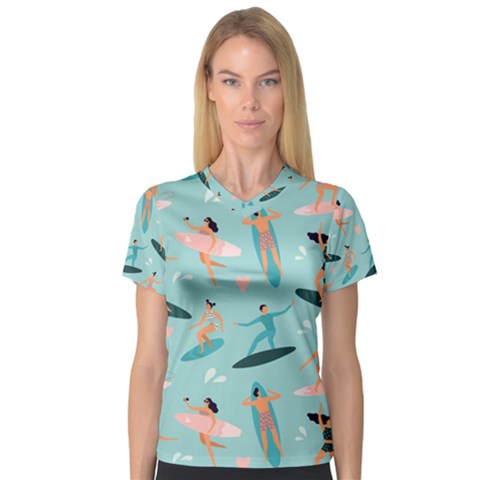 Beach-surfing-surfers-with-surfboards-surfer-rides-wave-summer-outdoors-surfboards-seamless-pattern- V-neck Sport Mesh Tee by Salman4z