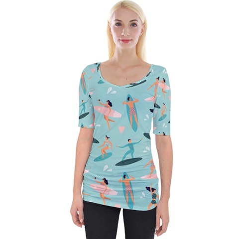 Beach-surfing-surfers-with-surfboards-surfer-rides-wave-summer-outdoors-surfboards-seamless-pattern- Wide Neckline Tee by Salman4z