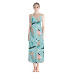 Beach-surfing-surfers-with-surfboards-surfer-rides-wave-summer-outdoors-surfboards-seamless-pattern- Button Up Chiffon Maxi Dress by Salman4z