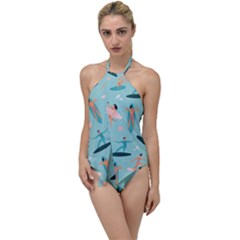 Beach-surfing-surfers-with-surfboards-surfer-rides-wave-summer-outdoors-surfboards-seamless-pattern- Go With The Flow One Piece Swimsuit by Salman4z