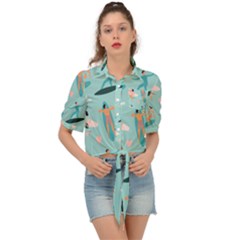 Beach-surfing-surfers-with-surfboards-surfer-rides-wave-summer-outdoors-surfboards-seamless-pattern- Tie Front Shirt  by Salman4z