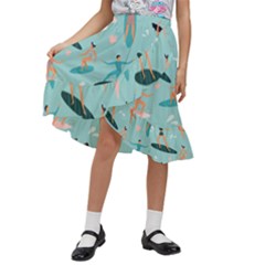 Beach-surfing-surfers-with-surfboards-surfer-rides-wave-summer-outdoors-surfboards-seamless-pattern- Kids  Ruffle Flared Wrap Midi Skirt by Salman4z