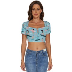 Beach-surfing-surfers-with-surfboards-surfer-rides-wave-summer-outdoors-surfboards-seamless-pattern- Short Sleeve Square Neckline Crop Top  by Salman4z