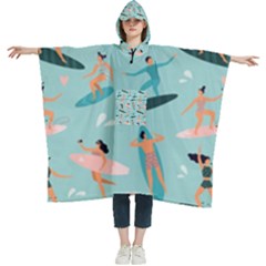 Beach-surfing-surfers-with-surfboards-surfer-rides-wave-summer-outdoors-surfboards-seamless-pattern- Women s Hooded Rain Ponchos by Salman4z