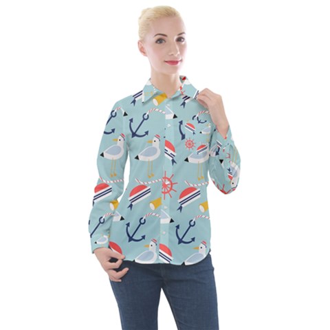 Nautical-marine-symbols-seamless-pattern Women s Long Sleeve Pocket Shirt by Salman4z