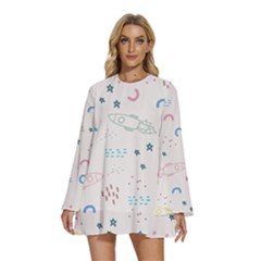Spaceship Pattern Star Round Neck Long Sleeve Bohemian Style Chiffon Mini Dress by danenraven