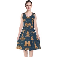 Dark-seamless-pattern-symbols-landmarks-signs-egypt V-neck Midi Sleeveless Dress  by Salman4z