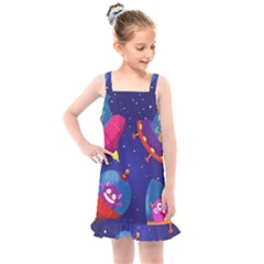 Cartoon-funny-aliens-with-ufo-duck-starry-sky-set Kids  Overall Dress by Salman4z