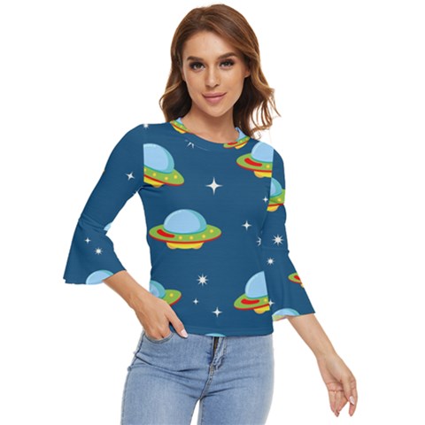 Seamless-pattern-ufo-with-star-space-galaxy-background Bell Sleeve Top by Salman4z
