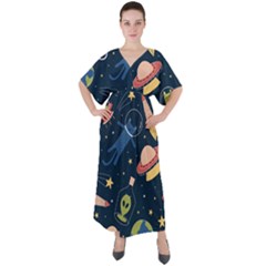 Seamless-pattern-with-funny-aliens-cat-galaxy V-neck Boho Style Maxi Dress by Salman4z