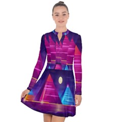 Egyptian-pyramids-night-landscape-cartoon Long Sleeve Panel Dress by Salman4z