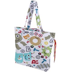 Seamless-pattern-vector-with-funny-robots-cartoon Drawstring Tote Bag by Salman4z