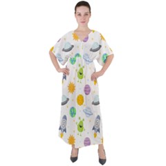 Seamless-pattern-cartoon-space-planets-isolated-white-background V-neck Boho Style Maxi Dress by Salman4z