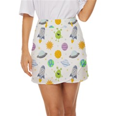 Seamless-pattern-cartoon-space-planets-isolated-white-background Mini Front Wrap Skirt by Salman4z