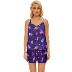 Space-seamless-pattern V-neck Satin Pajamas Set by Salman4z