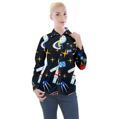 Space Seamless Pattern Women s Long Sleeve Pocket Shirt by Salman4z