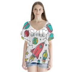Space-cosmos-seamless-pattern-seamless-pattern-doodle-style V-neck Flutter Sleeve Top by Salman4z