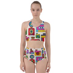 Retro-cameras-audio-cassettes-hand-drawn-pop-art-style-seamless-pattern Racer Back Bikini Set by Salman4z