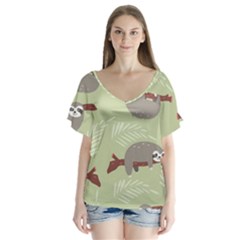 Sloths-pattern-design V-neck Flutter Sleeve Top by Salman4z