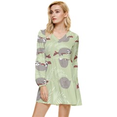 Sloths-pattern-design Tiered Long Sleeve Mini Dress by Salman4z