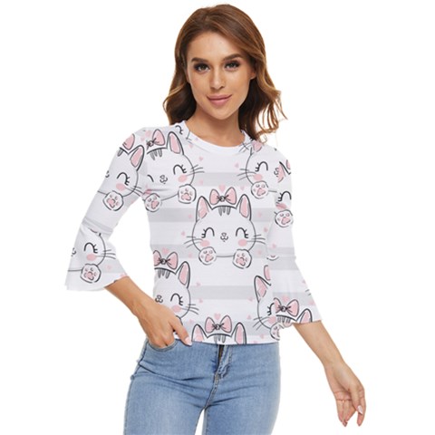 Cat-with-bow-pattern Bell Sleeve Top by Salman4z