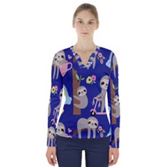 Hand-drawn-cute-sloth-pattern-background V-neck Long Sleeve Top by Salman4z