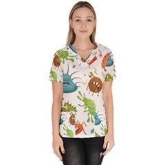 Dangerous-streptococcus-lactobacillus-staphylococcus-others-microbes-cartoon-style-vector-seamless Women s V-neck Scrub Top by Salman4z
