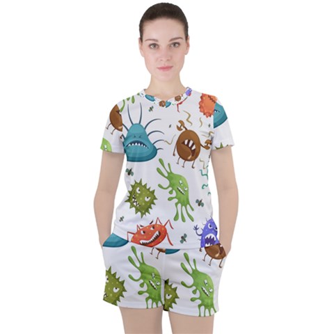 Dangerous-streptococcus-lactobacillus-staphylococcus-others-microbes-cartoon-style-vector-seamless Women s Tee And Shorts Set by Salman4z